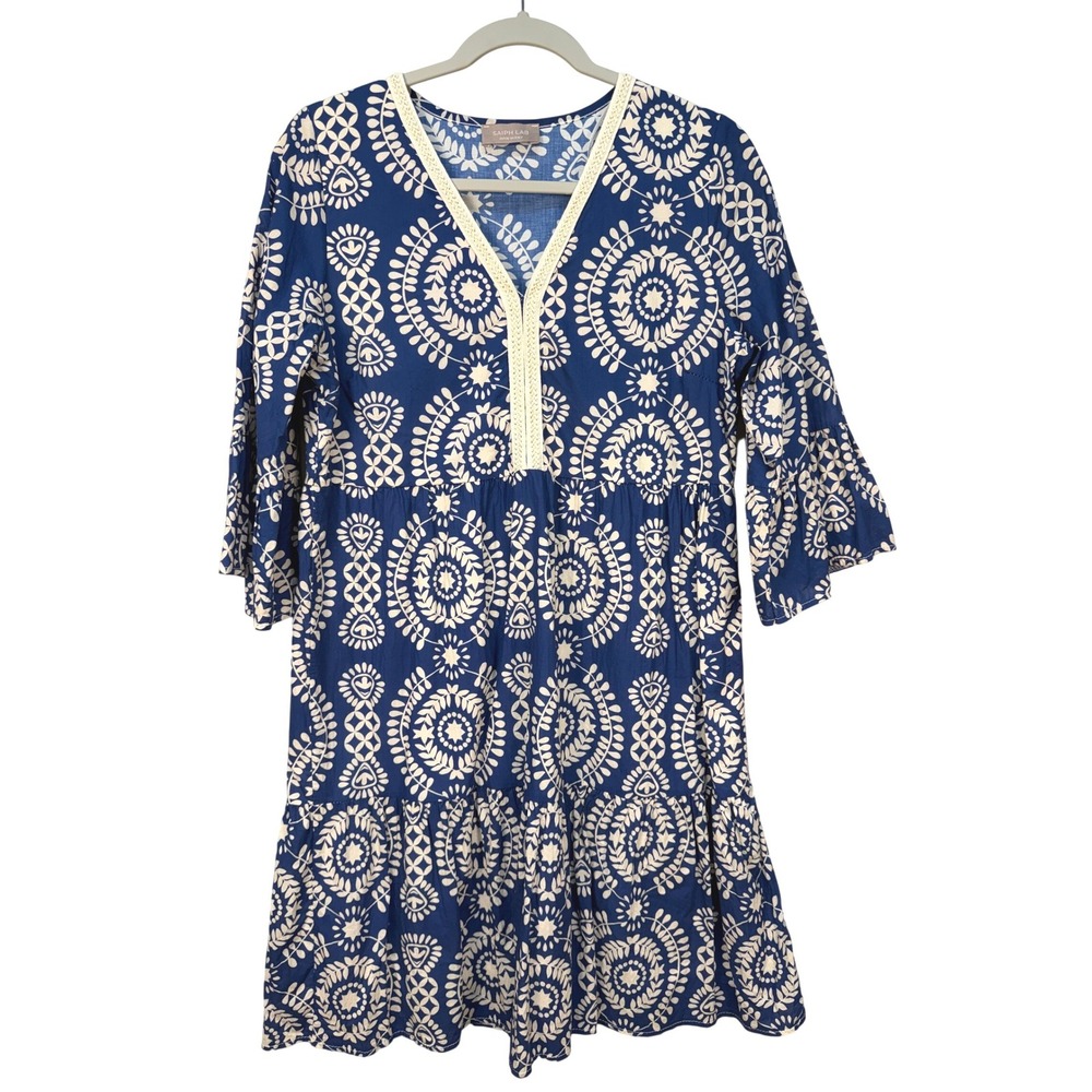 Saiph Lab Santorini Blue White Cotton Medallion Tiered Boho Dress V-Neck Size M